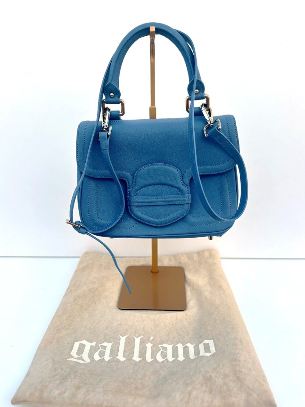 Authentic Galliano Cerulean Blue Saffiano Crossbody Top Handle Bag Newspaper Y2K